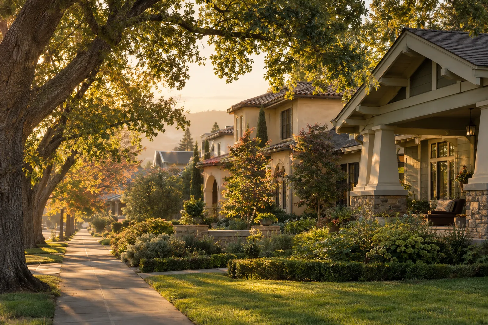 A tree-lined Northern California residential street at golden hour